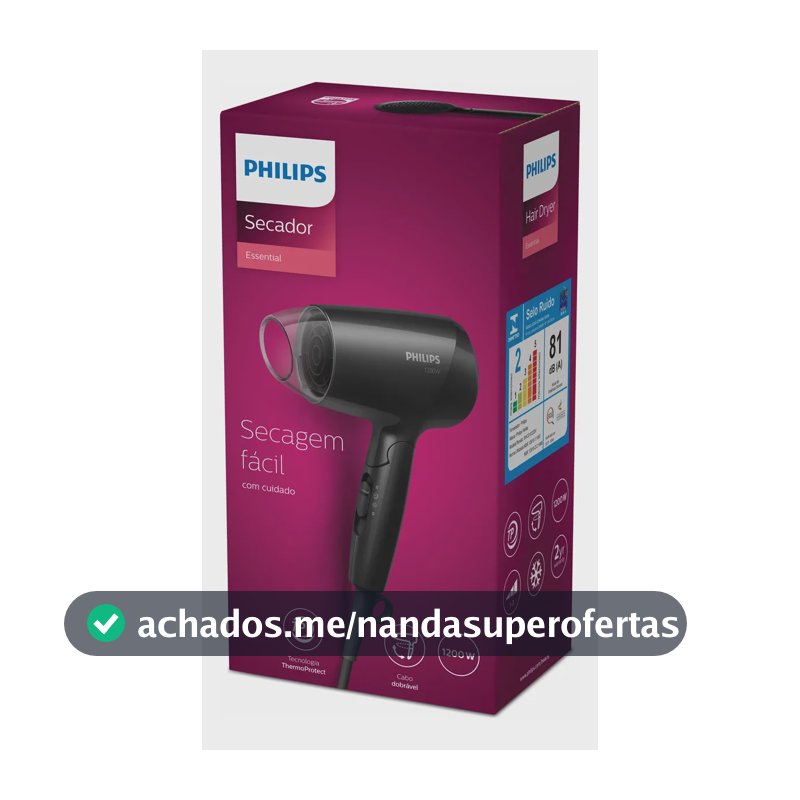 Philips Secador de Cabelo Essential 1200W Compacto com ThermoProtect Secagem prática e suave | Cabo dobrável para viagem | 3 ajustes de secagem | BHC010/81