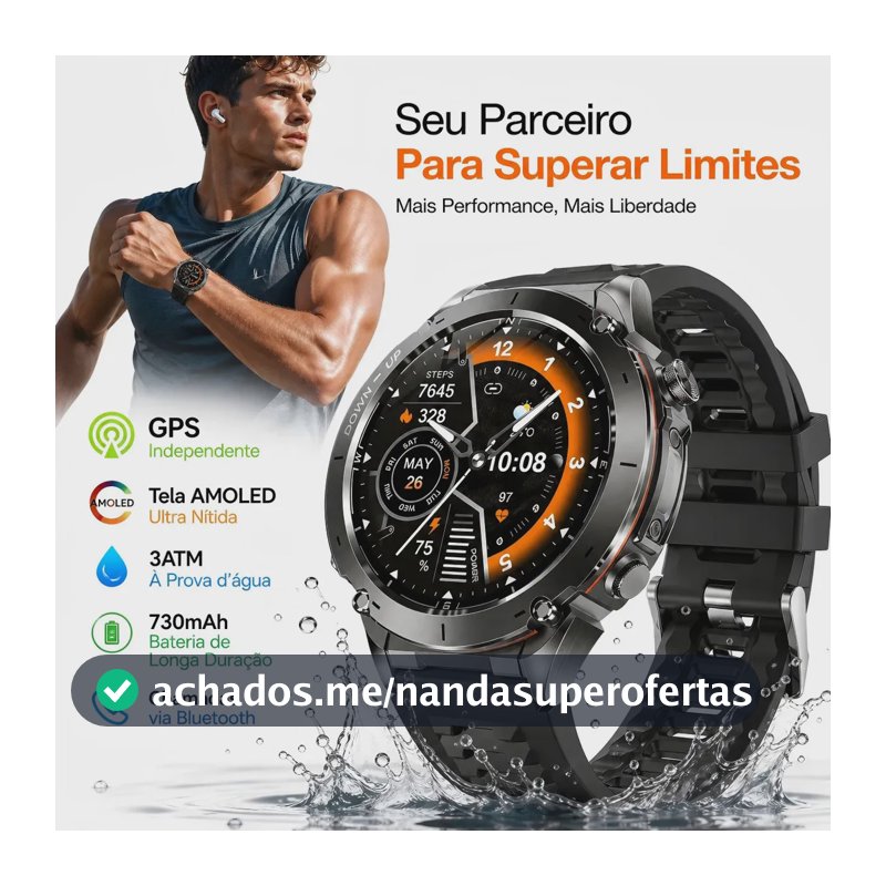 Relógio Smartwatch masculino redondo com GPS independente , 3ATM, tela AMOLED 1.43", bateria 750mAh. Monitora batimento, SPO2 e sono, ESOYIP S01 mais de 100 modos esportivos para corrida ao ar livre
