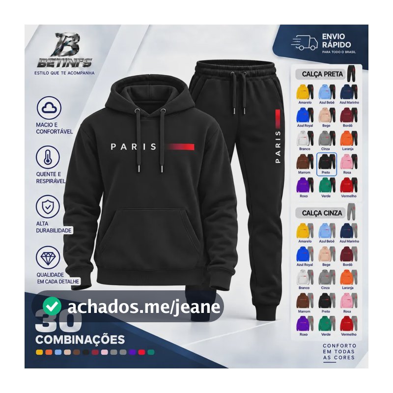 Conjunto Moletom Calça Unissex Paris Canguru Casaco Frio M Preto