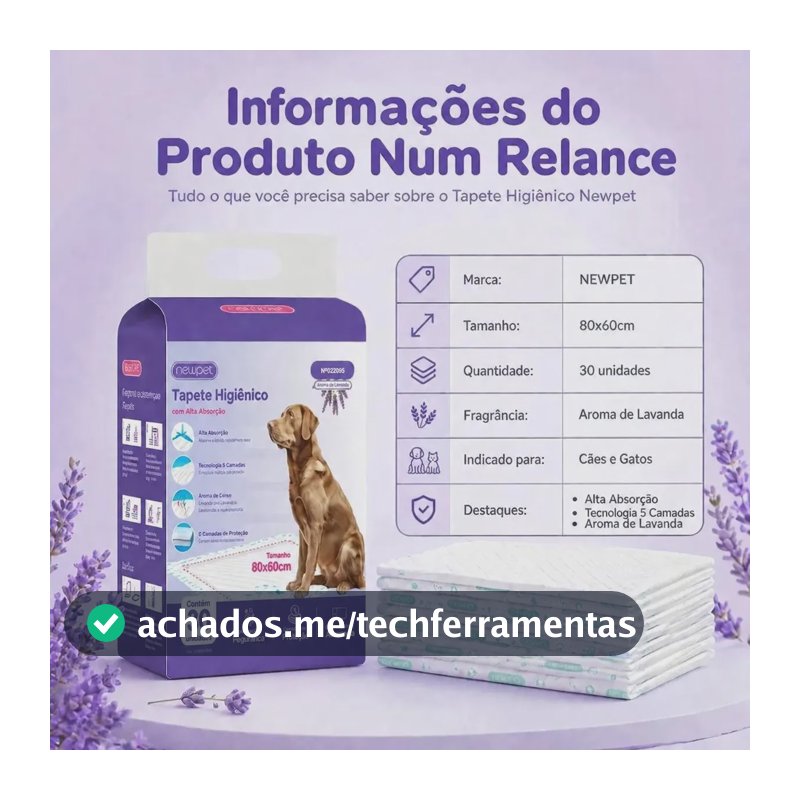 Newpet Fralda Pet 80x60cm 30un com Aroma Lavanda, Tapete Higiênico Descartável Com Gel Absorvente E Borda Anti Vazamento, Mantém Sua Casa Limpa E Seca Roxo