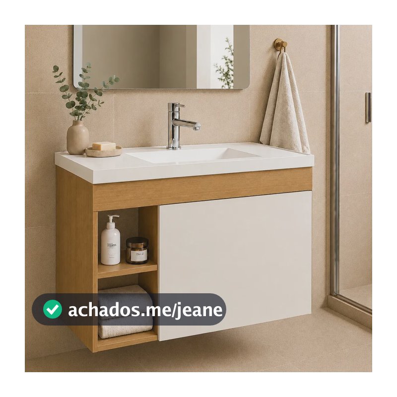 Armário Gabinete Suspenso para Banheiro com Cuba Compacta Moderna Nature/Off White - Blue Moby
