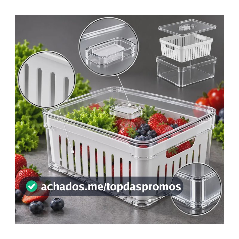 Organizador de Geladeira 2,2L com Cesto de Drenagem Plástico Livre de BPA Tampa com Trava Pote de Acrílico Transparente Ponte Lar Utilidades para Frutas Legumes Verduras Frio Armário Cozinha 1 Unidade