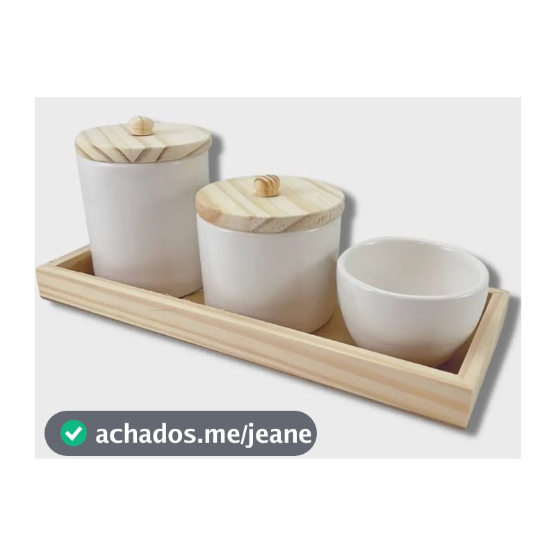 Kit Higiene Bebe Potes Molhadeira Porcelana Tampa Madeira Branco