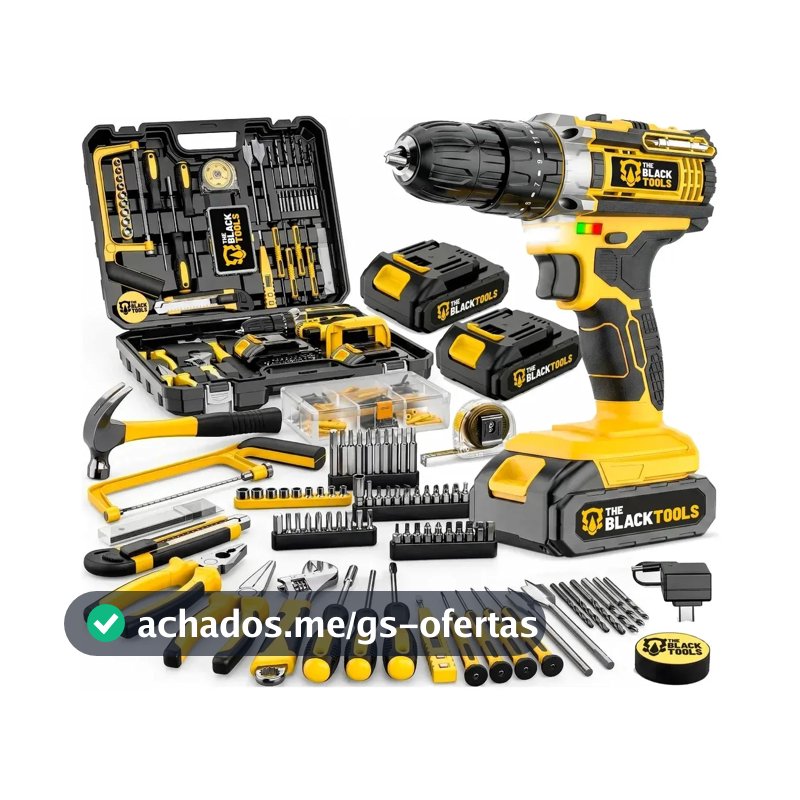 Parafusadeira Furadeira De Impacto The Black Tools Com Maleta + Kit Acessórios 147 Peças 2 Baterias Profissional Tbkit17