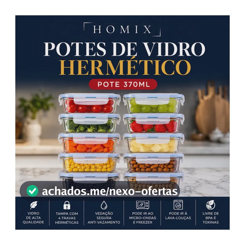 Kit 10 Potes Vidro Hermético 370ml Retangular 4 Travas Marmita Premium Homix