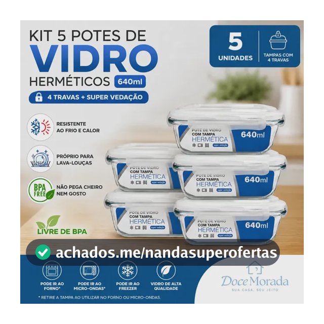 Kit 5 Potes Vidro Hermético 640ml Marmita Forno Micro-ondas Transparente