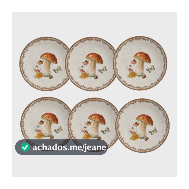 Jogo De Pratos Sobremesa Coup Bush - 21cm - 6 Pçs - Alleanza Creme Com Detalhes Marrom E Laranja Cogumelo