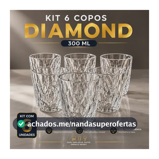 Jogo 6 Copos 300ML Grande Vidro Grosso Diamond Resistente Transparente Kit para Drink Água Suco Refrigerante Bar Restaurante Diamante