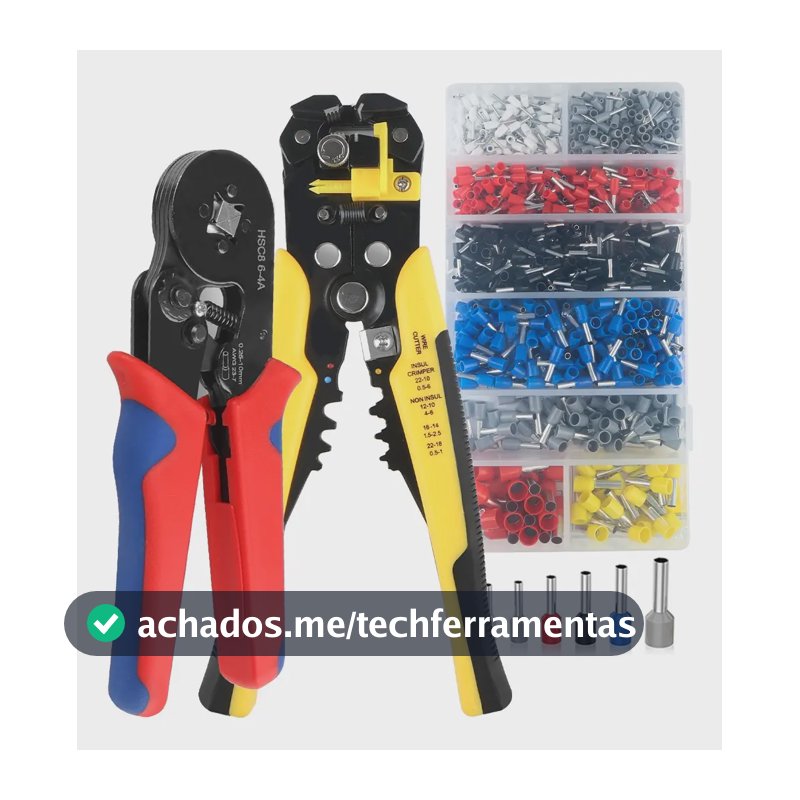 Alicate Crimpar + Descascador + Terminais Ilhós 0,25 A 10mm 1 Alicate Azul E Vermelho E 1 Alicate Amarelo