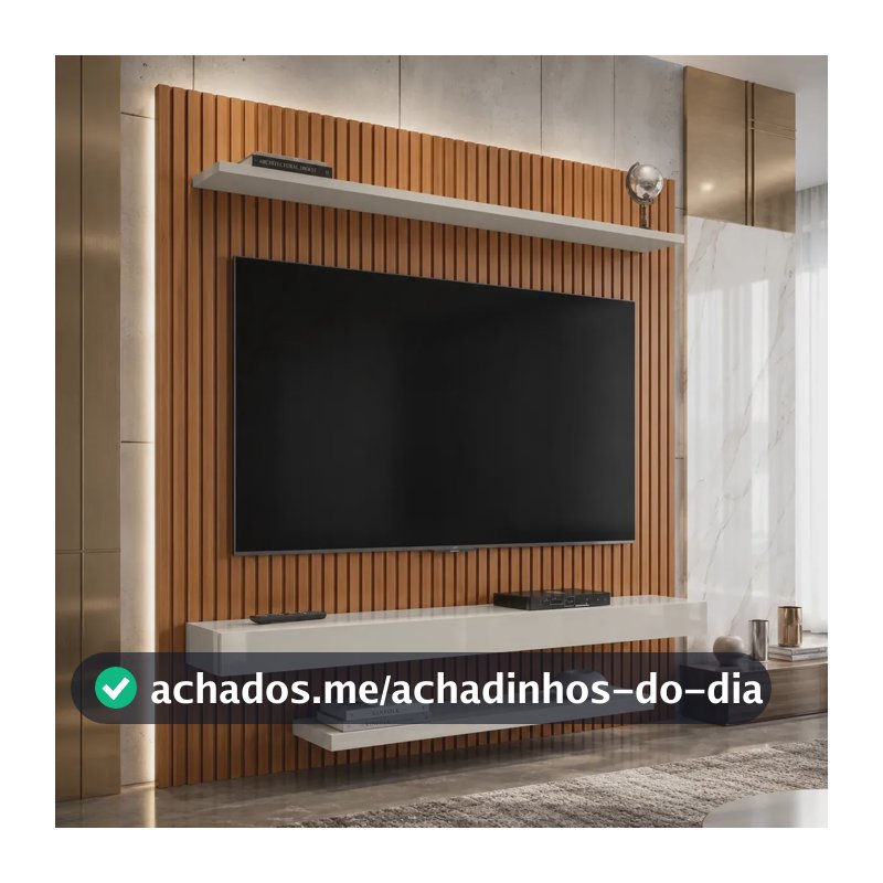 Painel Bancada Suspenso Para TV Até 60 Polegadas 2 Prateleiras 150cm Leme Cor Ripado/Off White