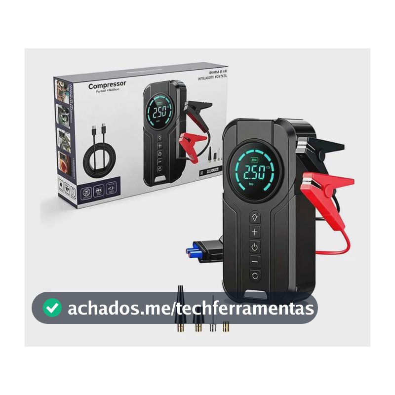 Compressor De Ar Portátil Auxiliar Partida Digital 4 Em 1 Preto 127/220v