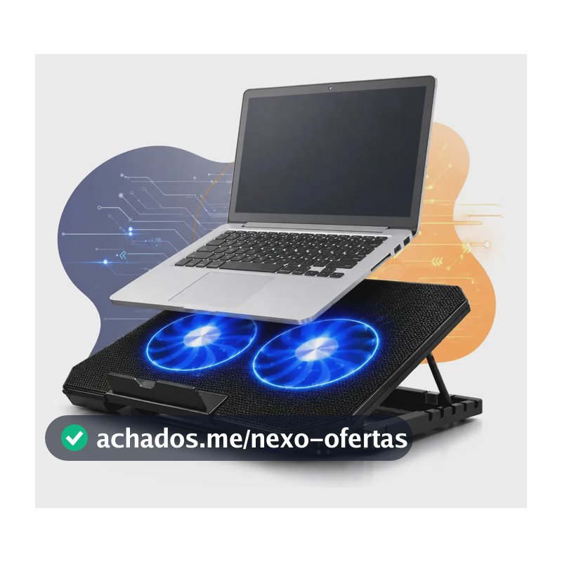 Suporte Notebook Base Led Refrigerada Ventilação Silenciosa Cor Preto Led Azul Ajustável 2 Cooler Ventoinha Até 17 Polegadas