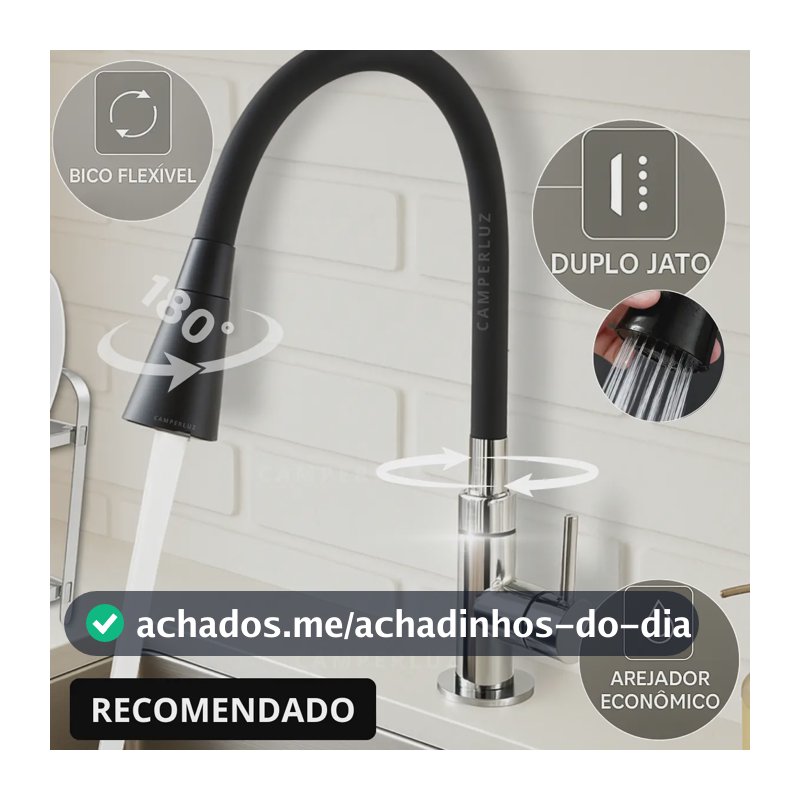 Torneira Gourmet Luxo Flexível Cozinha Bancada 2 Jatos Pia Cor Preto - Marca Camperluz