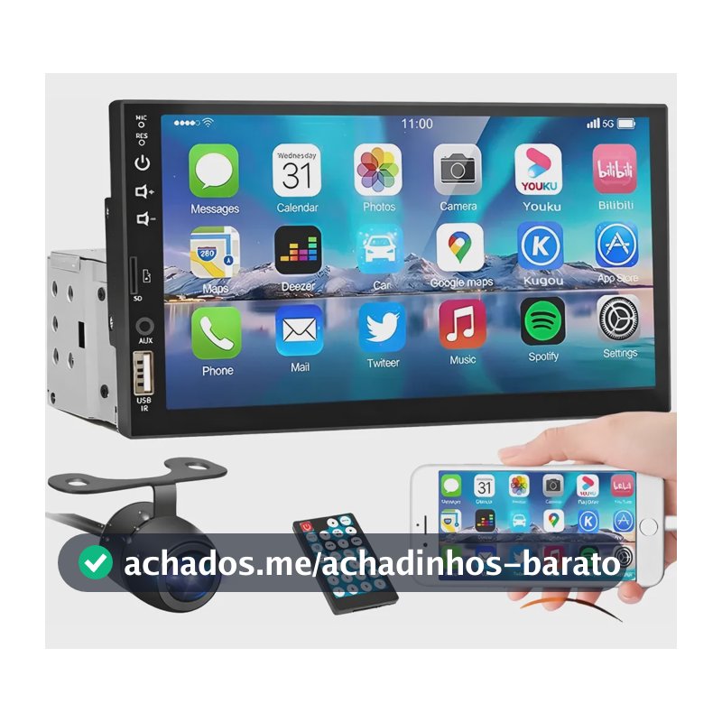 Central Multimídia Universal Mp5 1 Din 7 Espelha Dvd+ Cam Kit Multimidia 1 Din