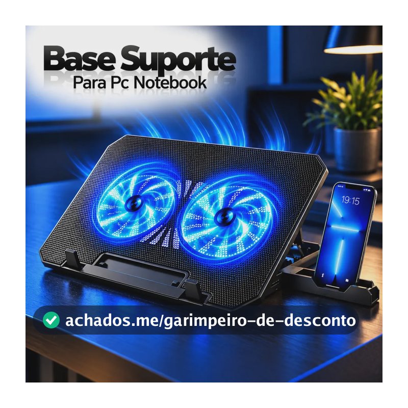 Base Suporte Para Pc Notebook Alumínio Portátil Articulado Dobrável Tablet Laptop Mesa Davely Cor Preto Com Ventoinhas E Suporte Para Celular Refrigerada 2 Cooler Gamer Confortável Home Office