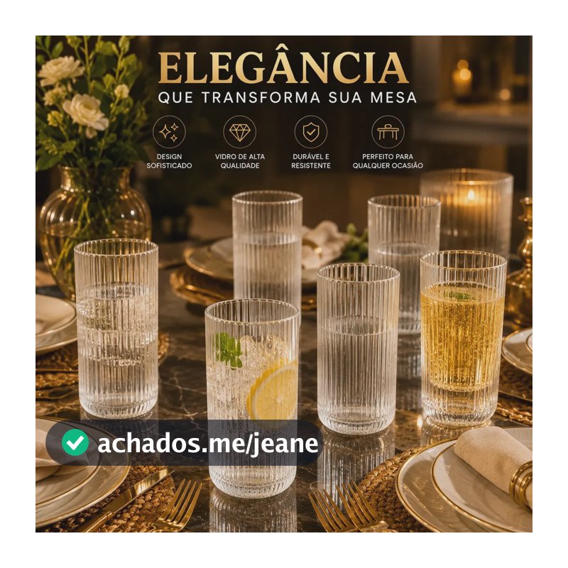 Jogo 6 Copos Vidro Canelado 450ml Grande Premium Água Suco Refrigerante Whisky Gin Drinks Coquetel Cerveja Long Drink Moderno Elegante Mesa Posta Cozinha Restaurante Bar Pétalas Douradas
