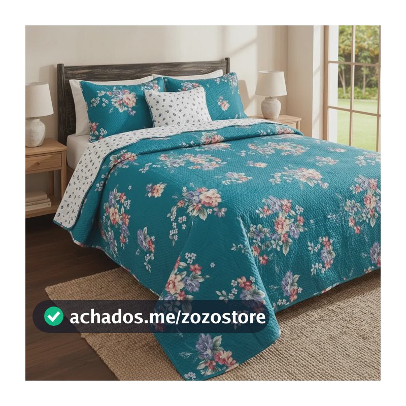 Kit Cobre Leito Casal 3 Peças Estampado Colcha Dupla Face Azul