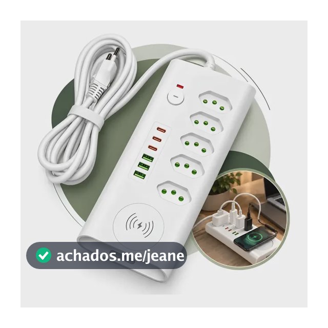 Extensão Filtro De Linha 5 Tomada 2m Carregador Wireless Usb Branco 127/220v