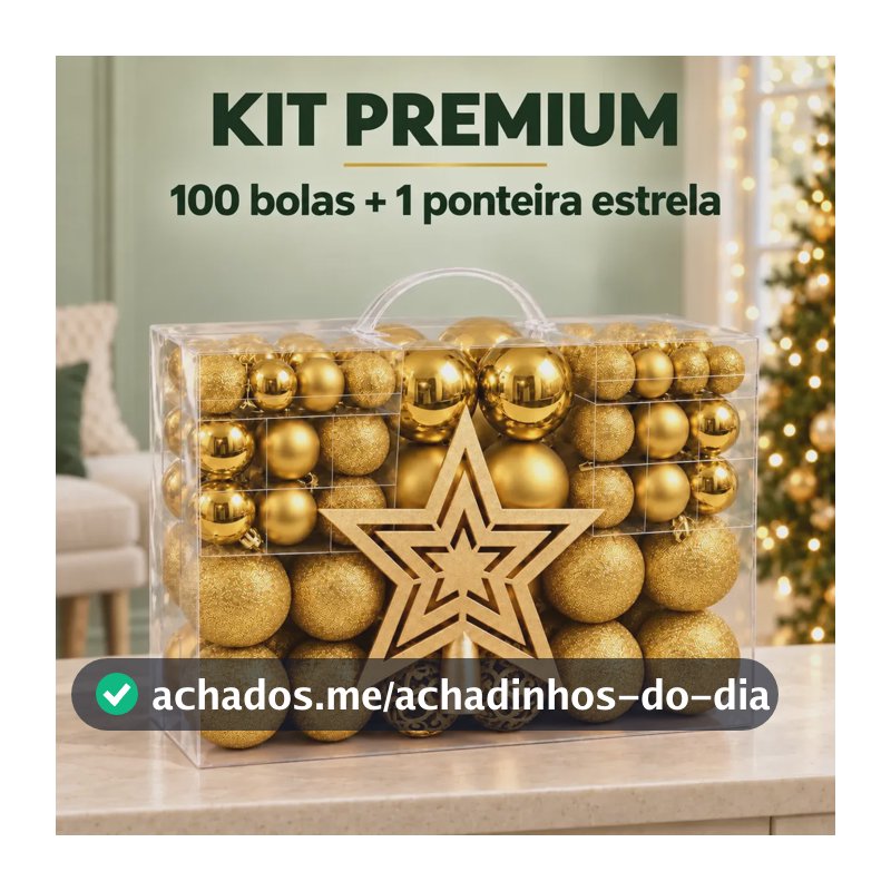 Kit 100 Bolas Árvore De Natal + Ponteira Estrela Pendente Bolinhas Lisas Foscas Glitter Decoração Natalina Premium Cor Dourado