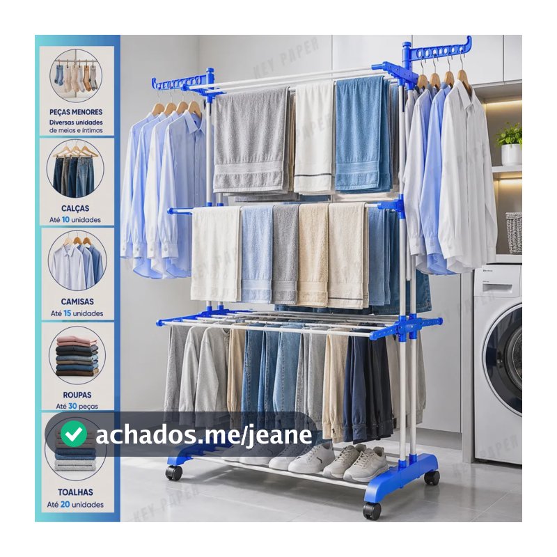 Varal De Chão Grande 3 Andares Retrátil Dobrável Com Rodinhas Roupas Lavanderia Compacto Portátil Cor Azul MARCA: KEY PAPER