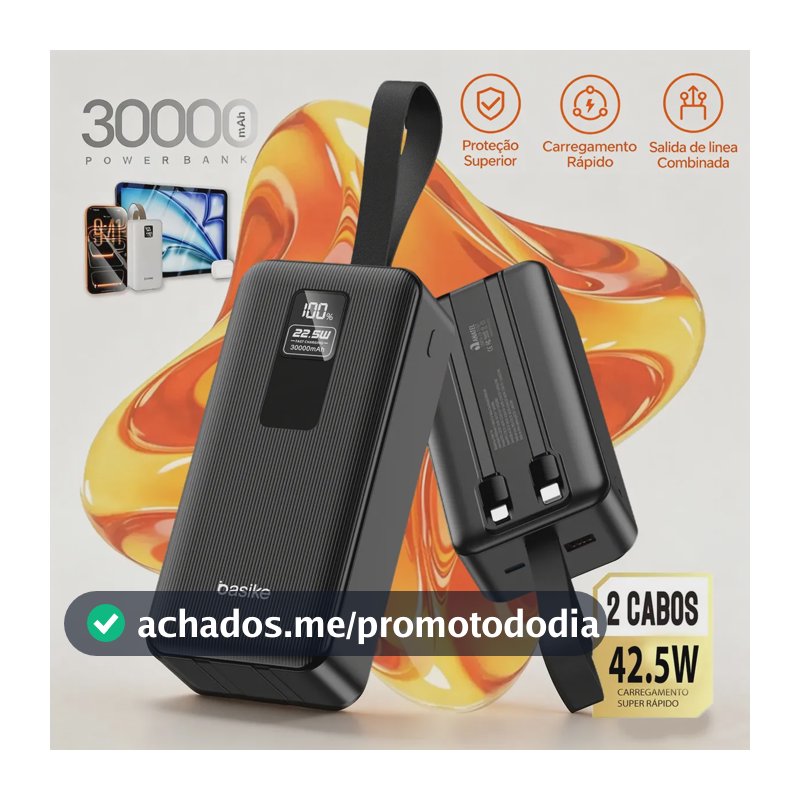 Basike Power Bank 30000mAh Com Carga rápida Turbo 42.5w Cabo e Digital para Celular Universal Para Celulares iPhone 17/16/15/14/13/12 Samsung Galaxy S24/S23/S22/S21/A55/A54 Motorola Mo