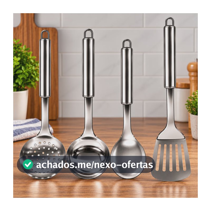 Kit 4 Utensílios Cozinha Aço Inox Concha Colher Escumadeira Prateado