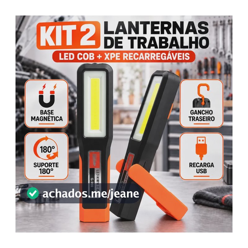 Kit 2 Lanternas De Trabalho Cob Recarregáveis Magnéticas Branco Preto