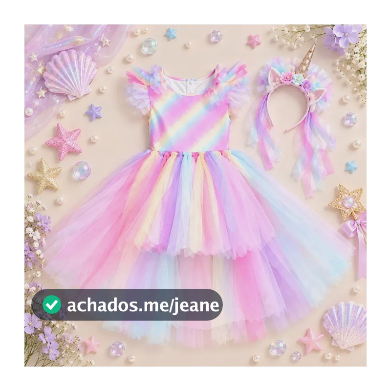 Vestido Fantasia Unicórnio Infantil Com Tule Arco-íris Unico 4-6