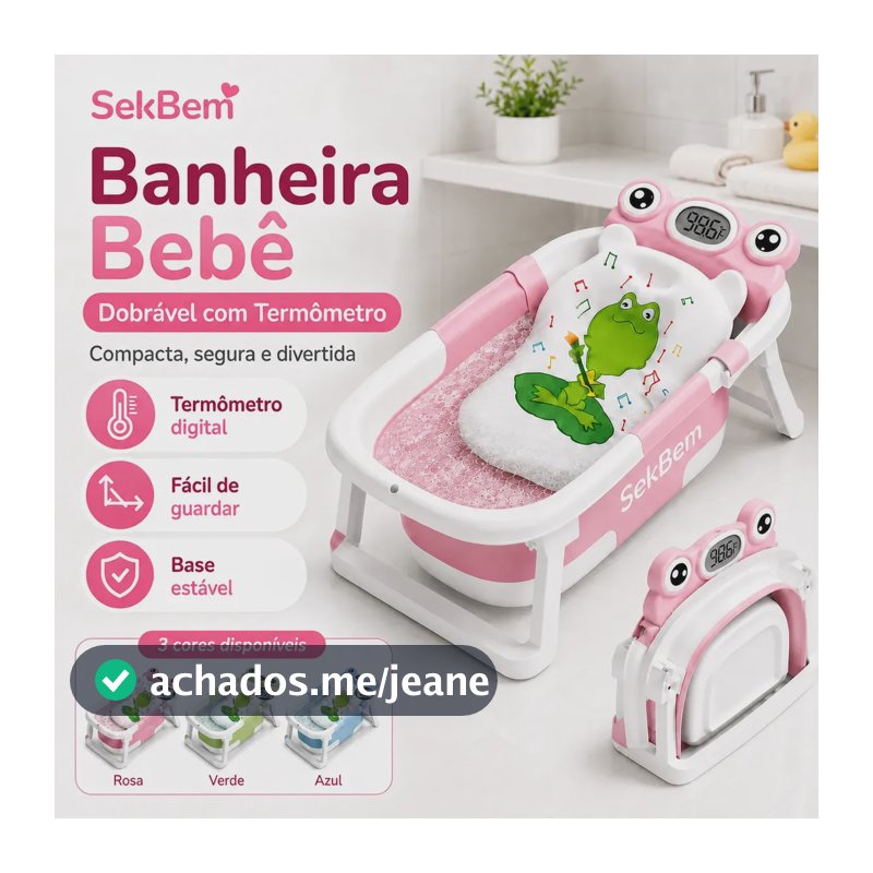Banheira Bebê Dobrável Flexível Com Termômetro E Almofada de Banho Cor Rosa