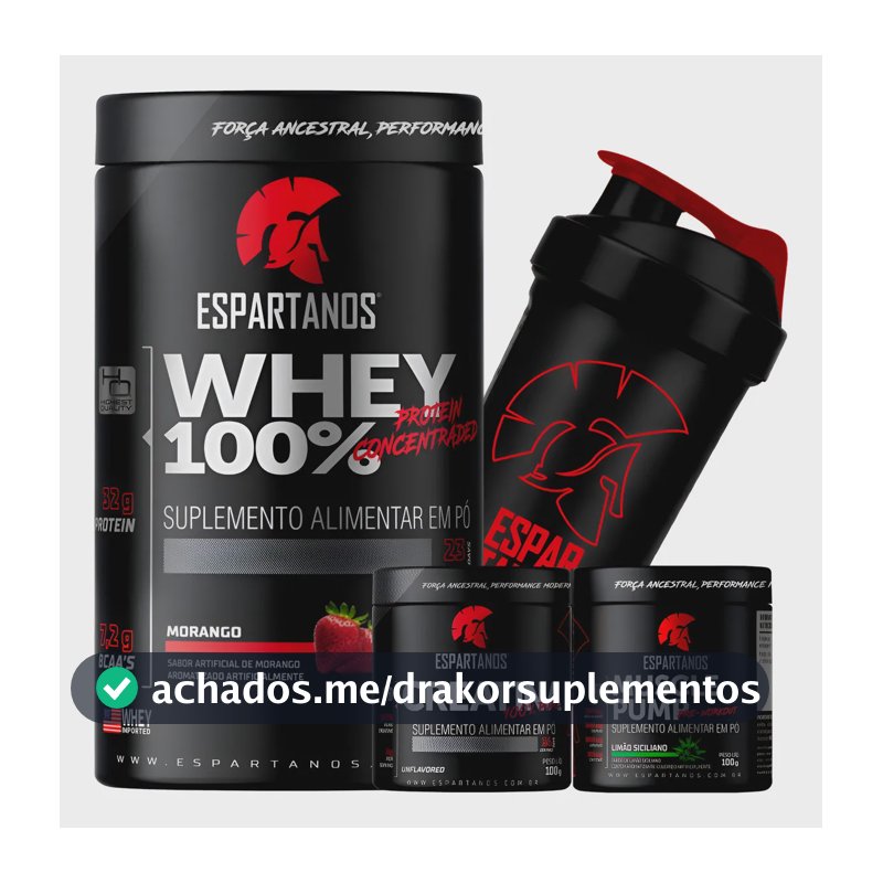 Whey Protein 100%,creatina,pré Treino,shaker - Espartanos Morango
