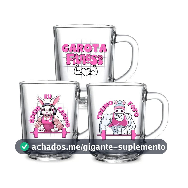 Jogo 3 Canecas Vidro Personalizadas Meme Fitness Transparente 225ml