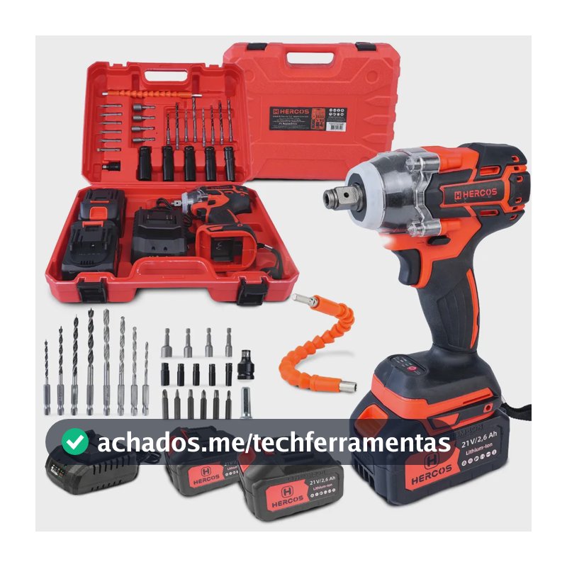 Parafusadeira Furadeira de Impacto à Bateria Hercos 21V Alto Torque 300Nm Brushless 2 Velocidades com Maleta