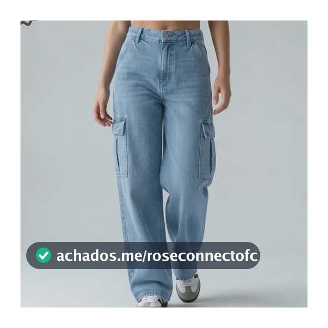 Calça Jeans Wide Leg Cargo Preta Feminina Cintura Alta