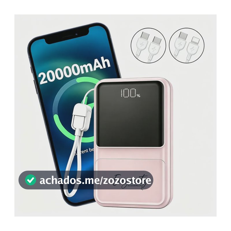 Power Bank 20000 mAh Universal com Carga Rápida 22.5W e 2 Cabos Integrados