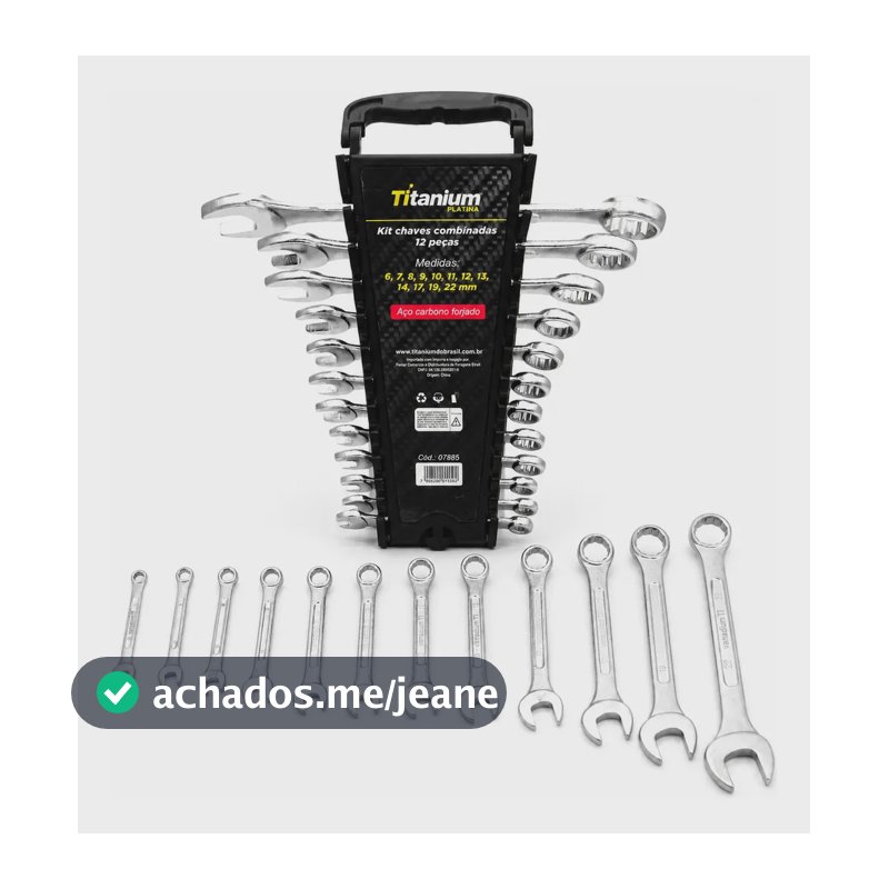 Jogo de Chaves Combinadas 6 a 22mm com 12 Peças em Aço Carbono Titanium Platina