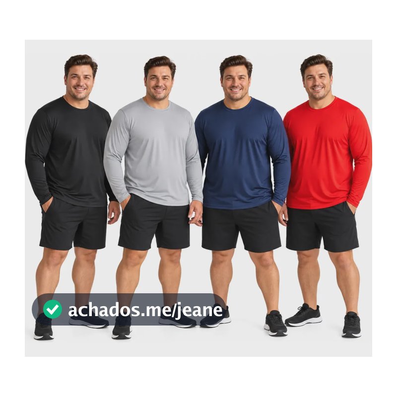 Kit 4 Camisas Plus Size Manga Longa Dry Fit Uv 50 Preto Cinza Azul Royal Vermelho G1