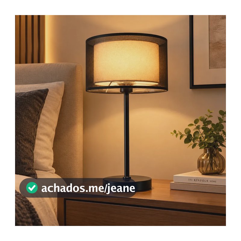 Abajur de Mesa Grande 45cm Preto, Luminária de Mesa para Cabeceira Quarto Sala Escritório, Cúpula Dupla de Tecido, Abajur Decorativo para Leitura, Soquete E27 Bivolt 127– Sem Lâmpada, Tieesa