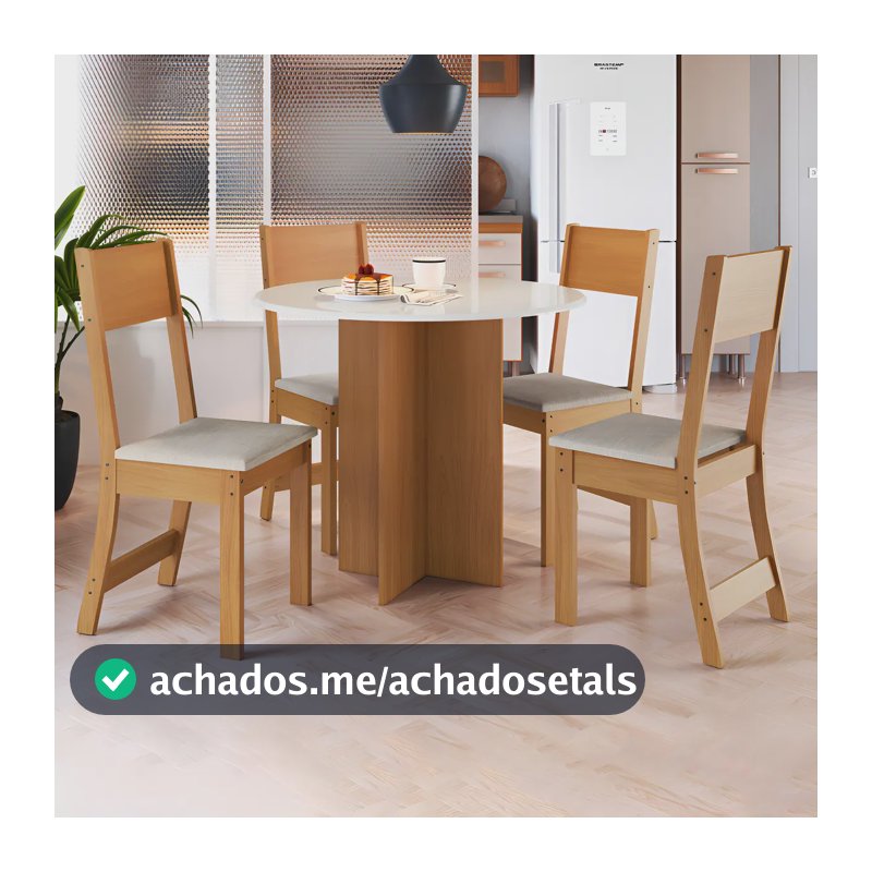 Conjunto Sala de Jantar Mesa Tampo de Madeira Fidelitá Espanha 90cm Com 4 Cadeiras Freijó/Off-White Assento Linho