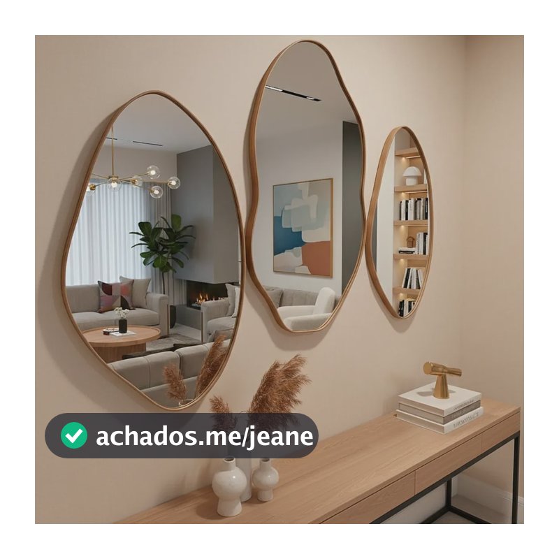 Kit 3 Espelhos Orgânico Grandes Moldura Couro Design Moderno