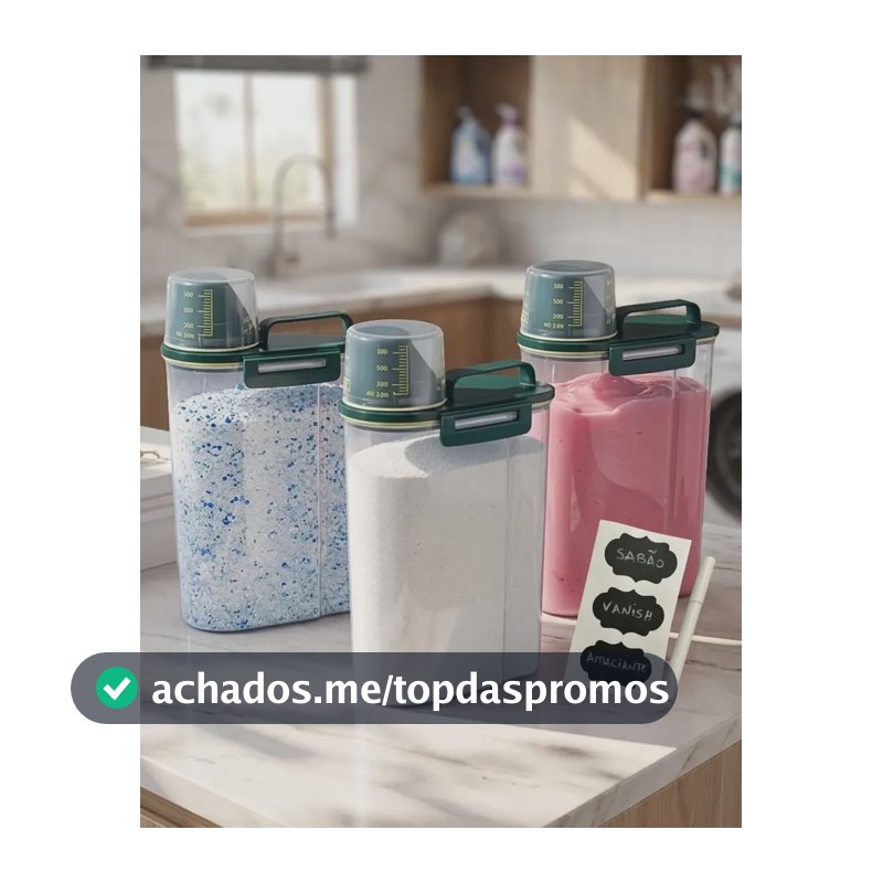 Kit 3 Potes Porta Sabão Em Pó Dispenser Hermético Lavanderia Tampa Verde Com Travas E Copo Medidor
