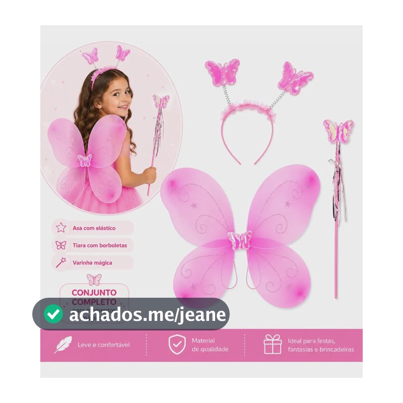 Kit Fantasia Asa Fada Borboleta Com Tiara E Varinha (3pç) Rosa Asa Borboleta Rosa