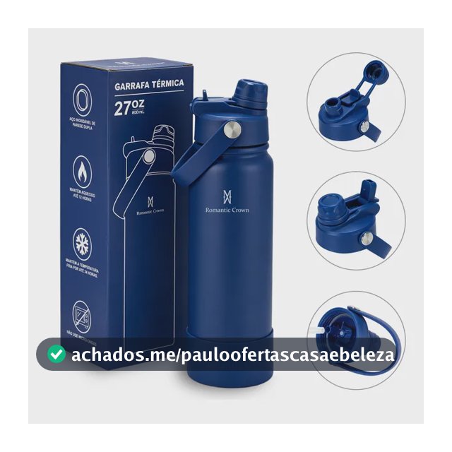 Garrafa Térmica 800ml Inox Bico Duplo Canudo Alça Esporte Azul