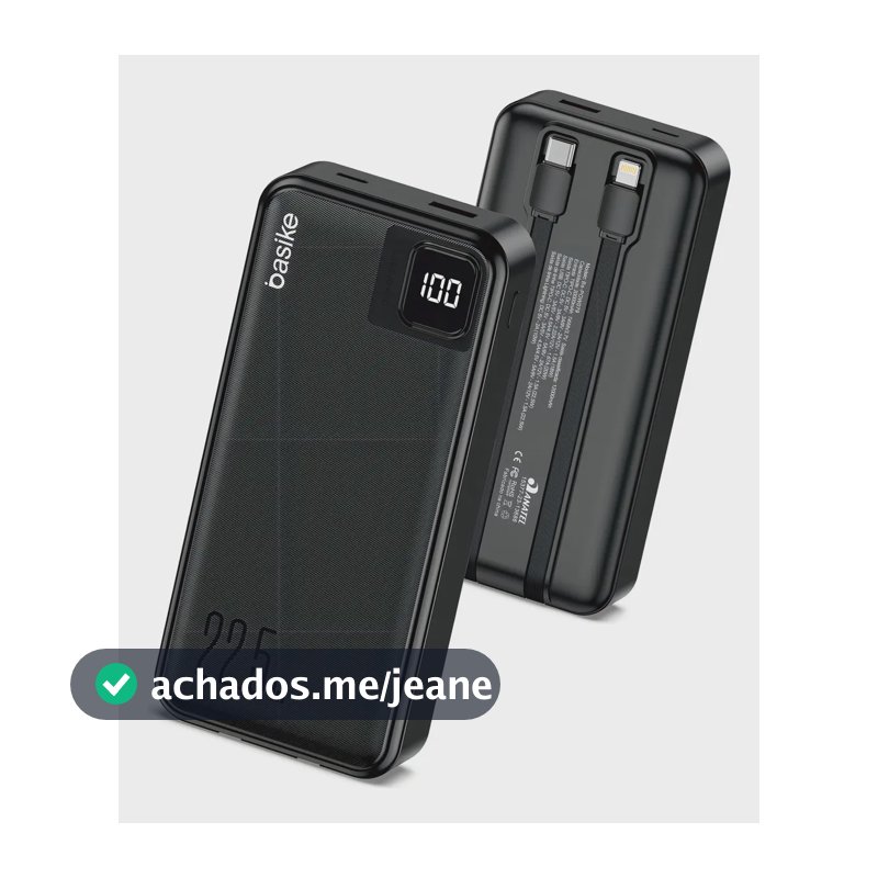 Power Bank Basike 20000mAh Preto, Carga Rápida 22.5W para iPhone e Samsung, Com Cabos Embutidos e Display