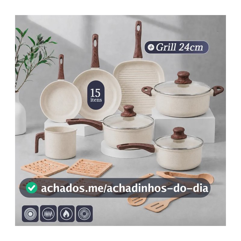 Jogo de Panelas Tuut Ecoglide Antiaderente com Grill 24cm e 15 Peças, Cerâmica Cream para Indução