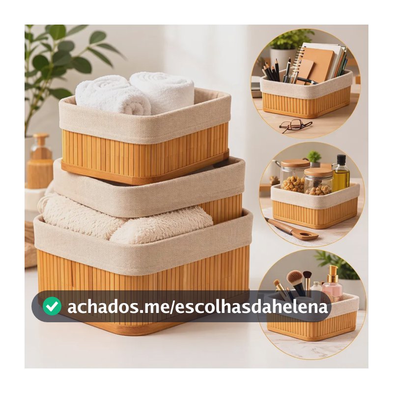 Kit 3 Cestos Organizadores de Bambu Retangulares com Forro Lavável Multiuso Organizar Casa Banheiro Cozinha Guarda-Roupa Lavanderia Armazenamento de Objetos - Nany Pink