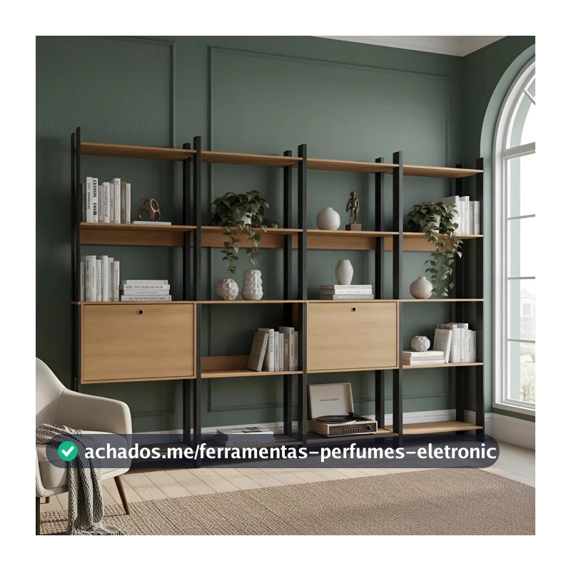 Kit 4 Estantes Para Livros 2 Portas 20 Prateleiras Estilo Industrial Lâmina Mel/preto - Brv Móveis