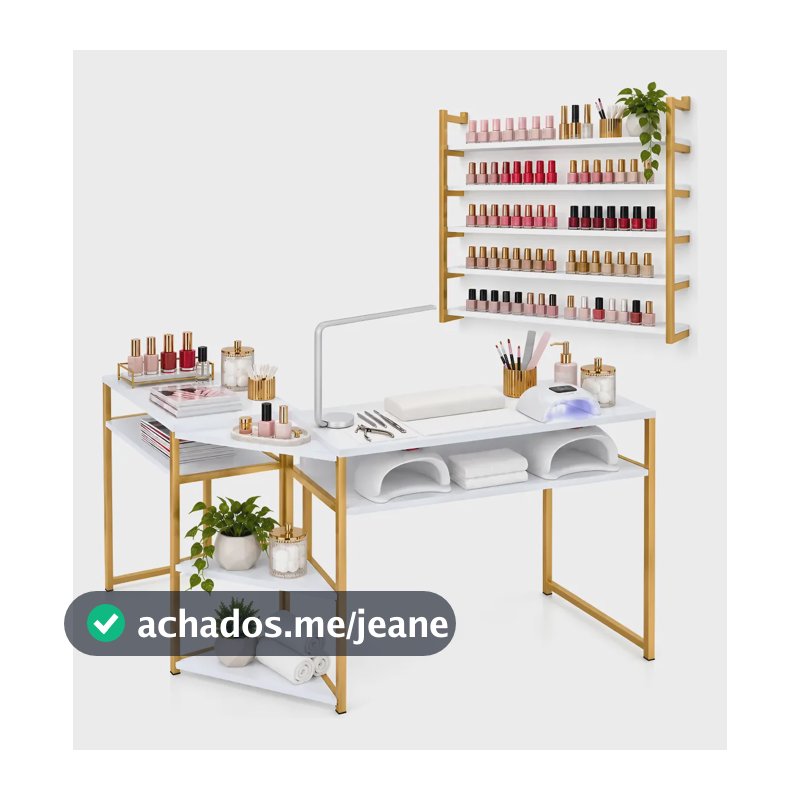 Kit Mesa Em L De Manicure E Nicho Suporte Expositor Esmaltes Dourado-escuro