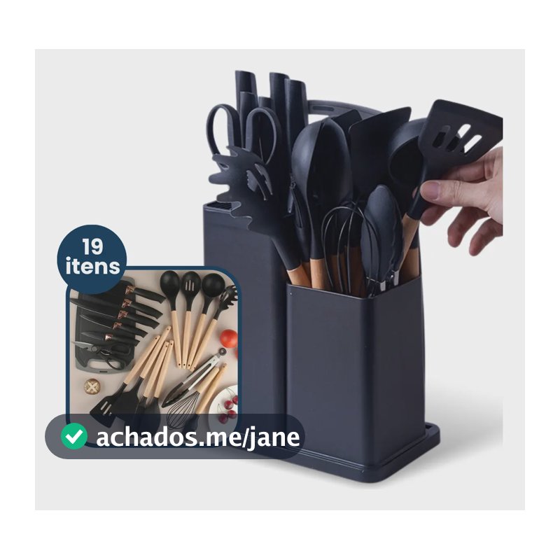 Kit 19 Peças Utensílios Cozinha Silicone Antiaderente Preto com Tábua Sd1vv