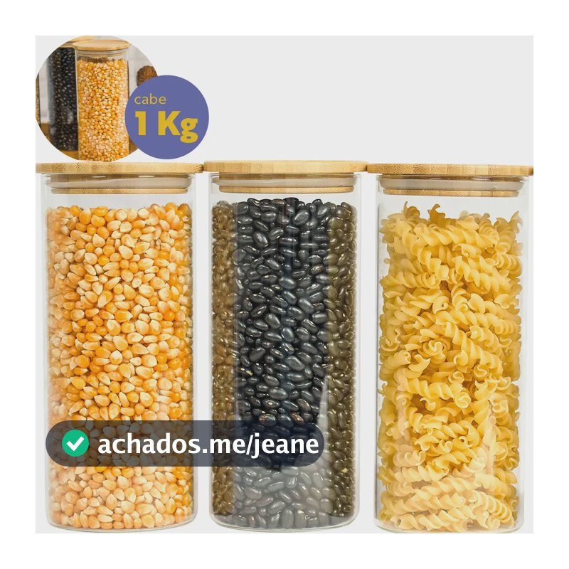 Kit 3 Pote Vidro Hermético Tampa De Bambu 1400ml Cozinha Seiri Transparente Alimentos Mantimentos