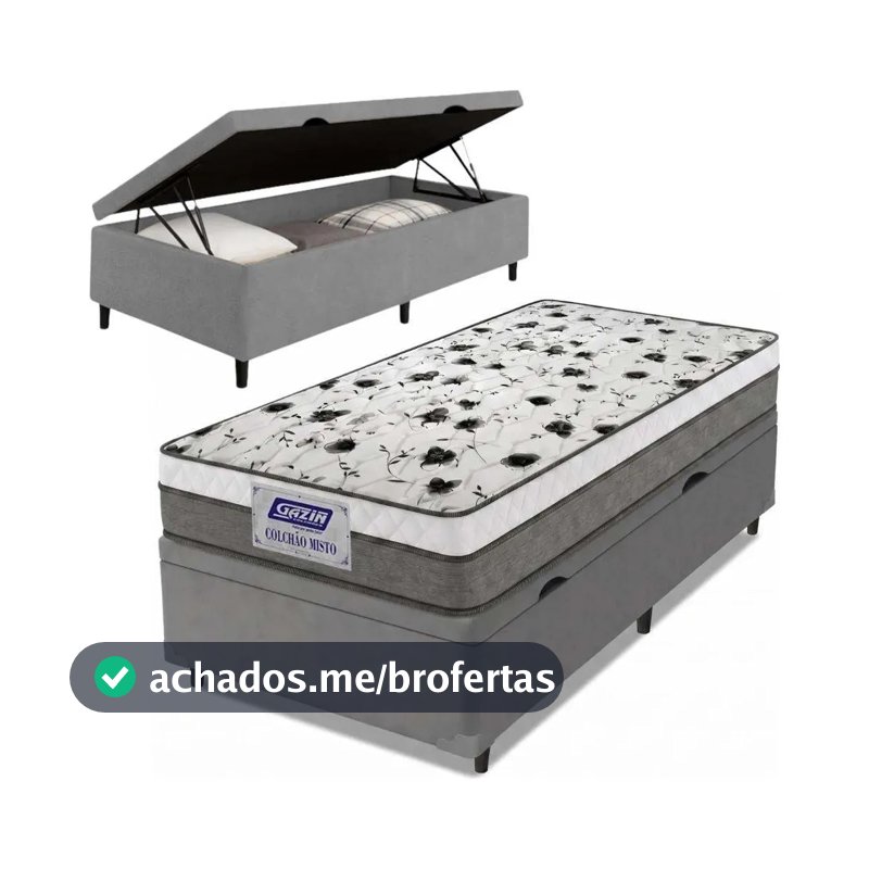 Cama Box Baú Solteiro Colchão Espuma D33 Fort 88x188x62cm Cinza e Branco Gazin